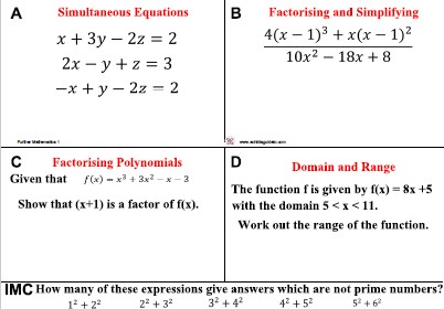 Starter activity on Product Rule for Counting, Factorising, Equations with Indices and Domain and Range